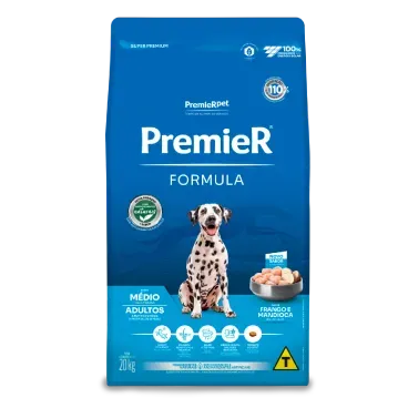 Racao Premier Formula Caes Adultos Racas Medias Frango 20kg frente